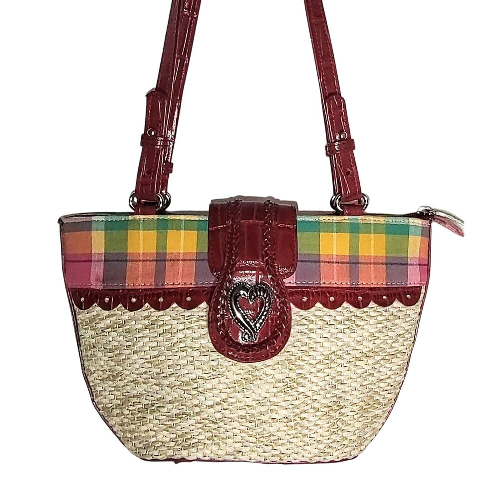 M.C. Marc Chantal - Rattan & Burgundy Leather Purse w/ Multi Color Plaid Trim